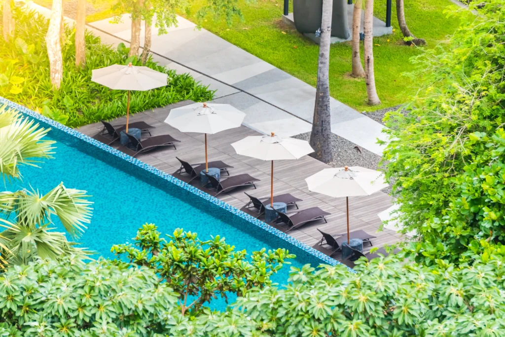 pool umbrellas seen of clean pool