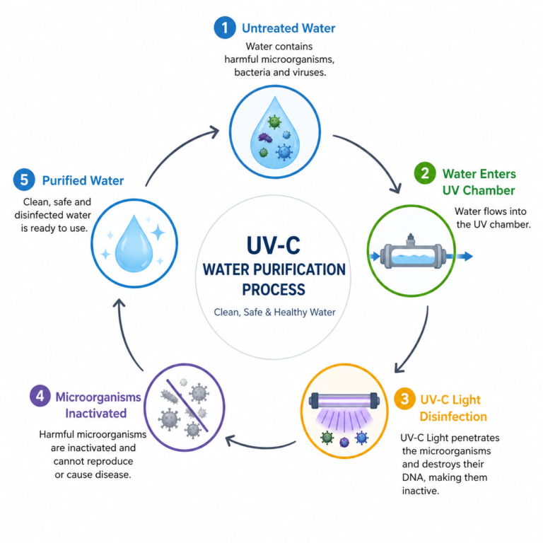 Diagram showing the UV-C water purification process in a swimming pool UV disinfection system, including filtration, UV treatment, and clean water circulation.