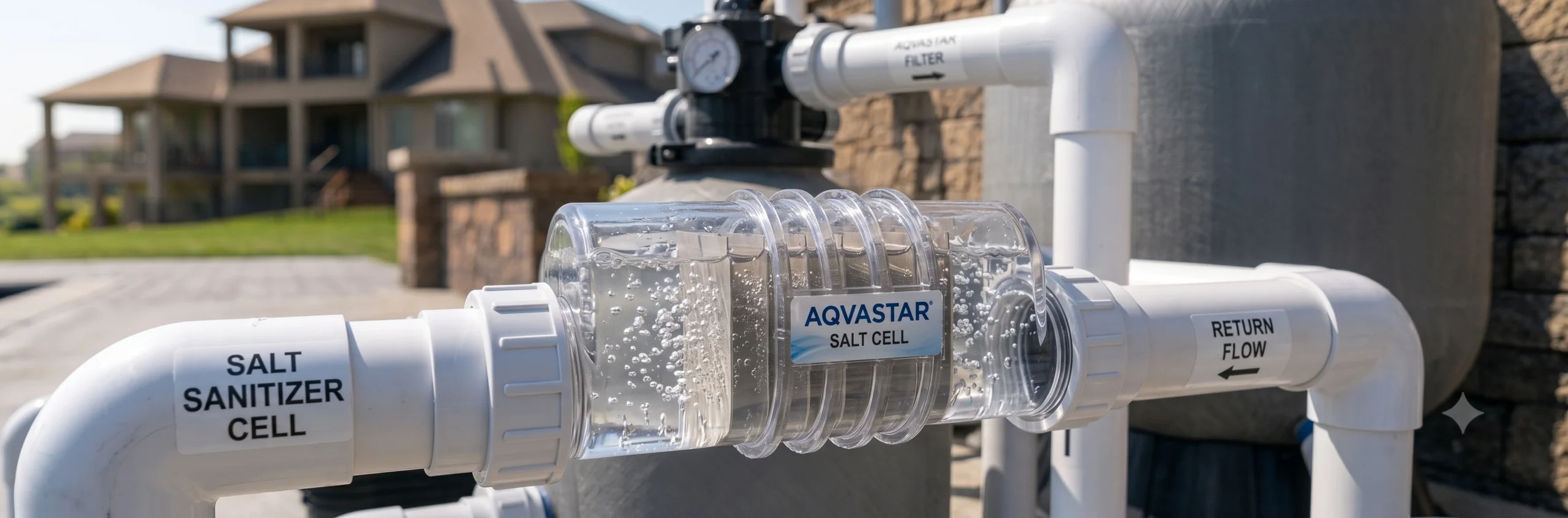 Automated salt water chlorinator cell for swimming pool equipment sanitization.