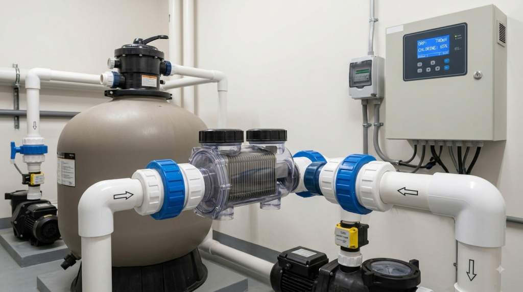 "Professional pool filtration room layout, showing heavy-duty commercial salt chlorinator unit with clear titanium cell mounted on PVC pipes, pressure gauges, pump and digital control box, neat cable management, high-tech commercial pool sanitation equipment."